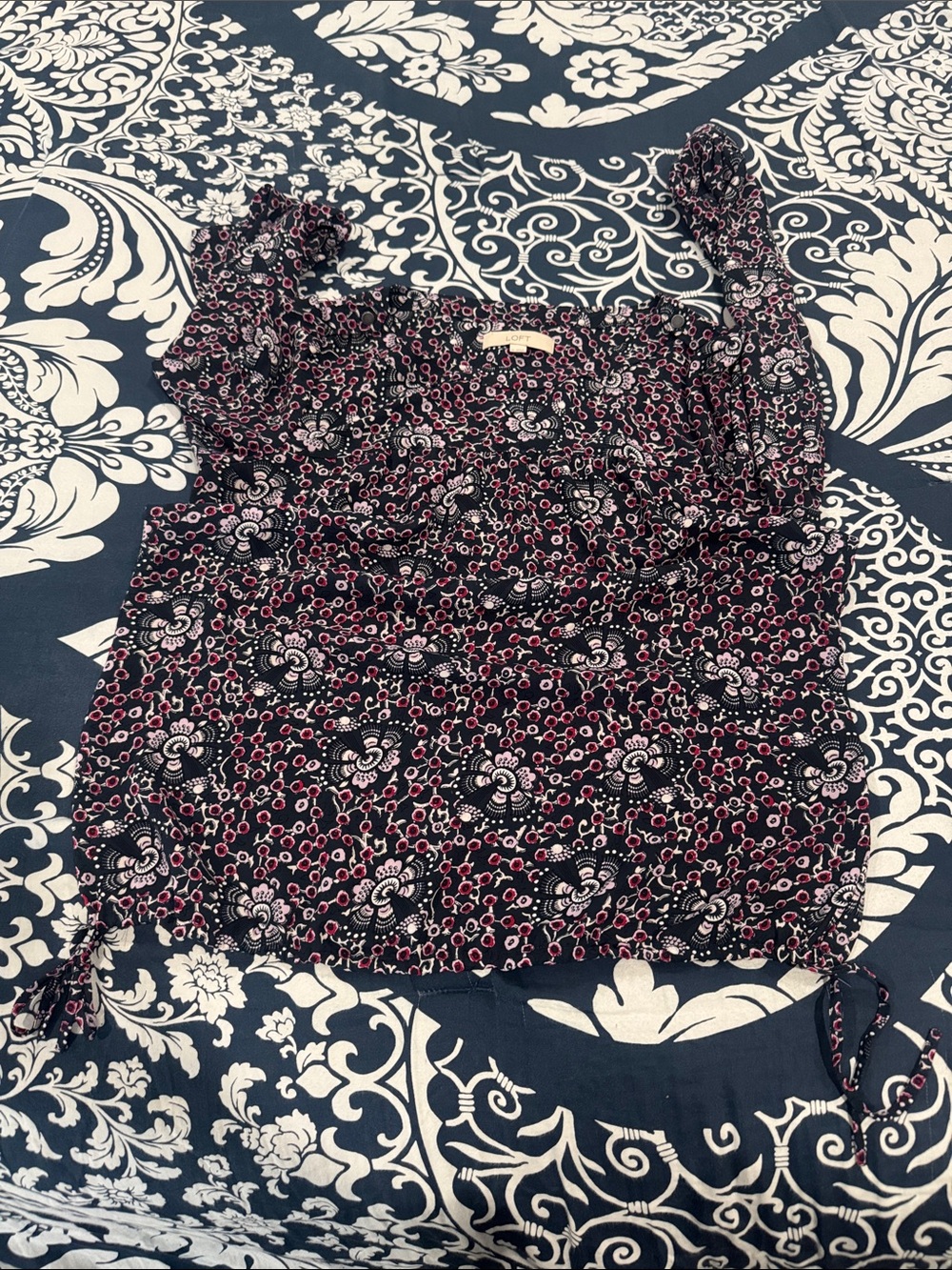 LOFT Navy Floral Smocked Camisole with Pink Accents